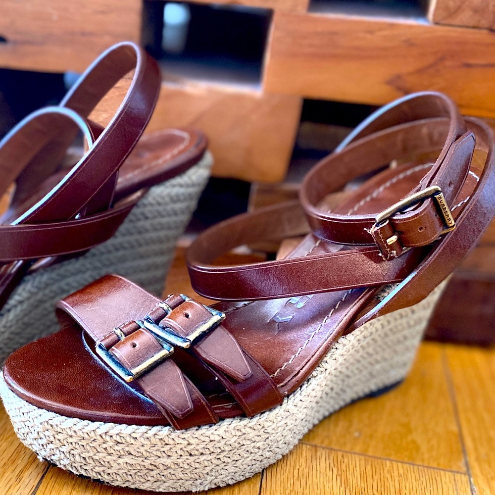 Pre own.  Burberry strap heeled wedges.